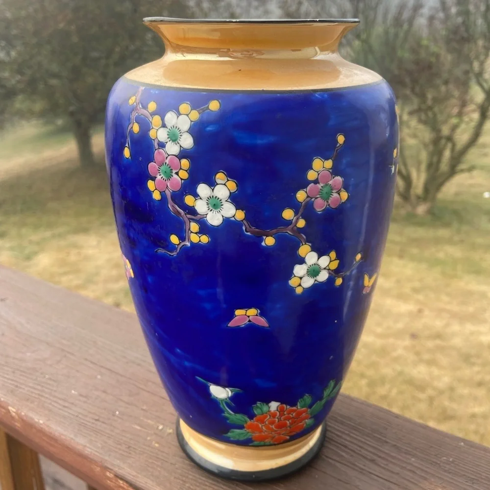 VTG Japanese Porcelain Hand Painted Cobalt Blue Flowers Birds Vase 9 1/2” Nice!